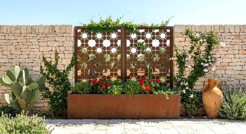 Pannelli frangivista in acciaio Corten con fioriere integrate per terrazzo