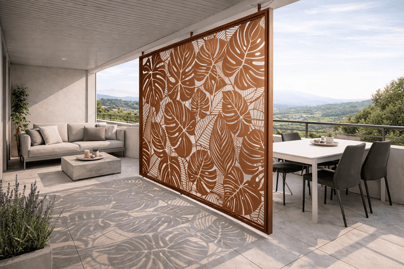 Pannello divisorio in acciaio Corten con fioriere e fiori integrati
