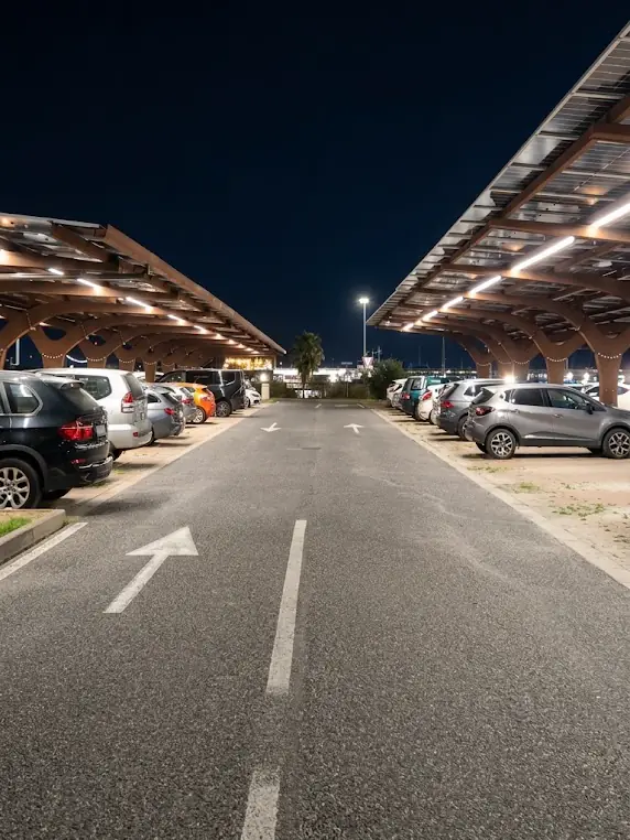 Parcheggio pubblico di notte con pensiline fotovoltaiche SEQUOR in acciaio Corten e illuminazione LED integrata — TrackDesign