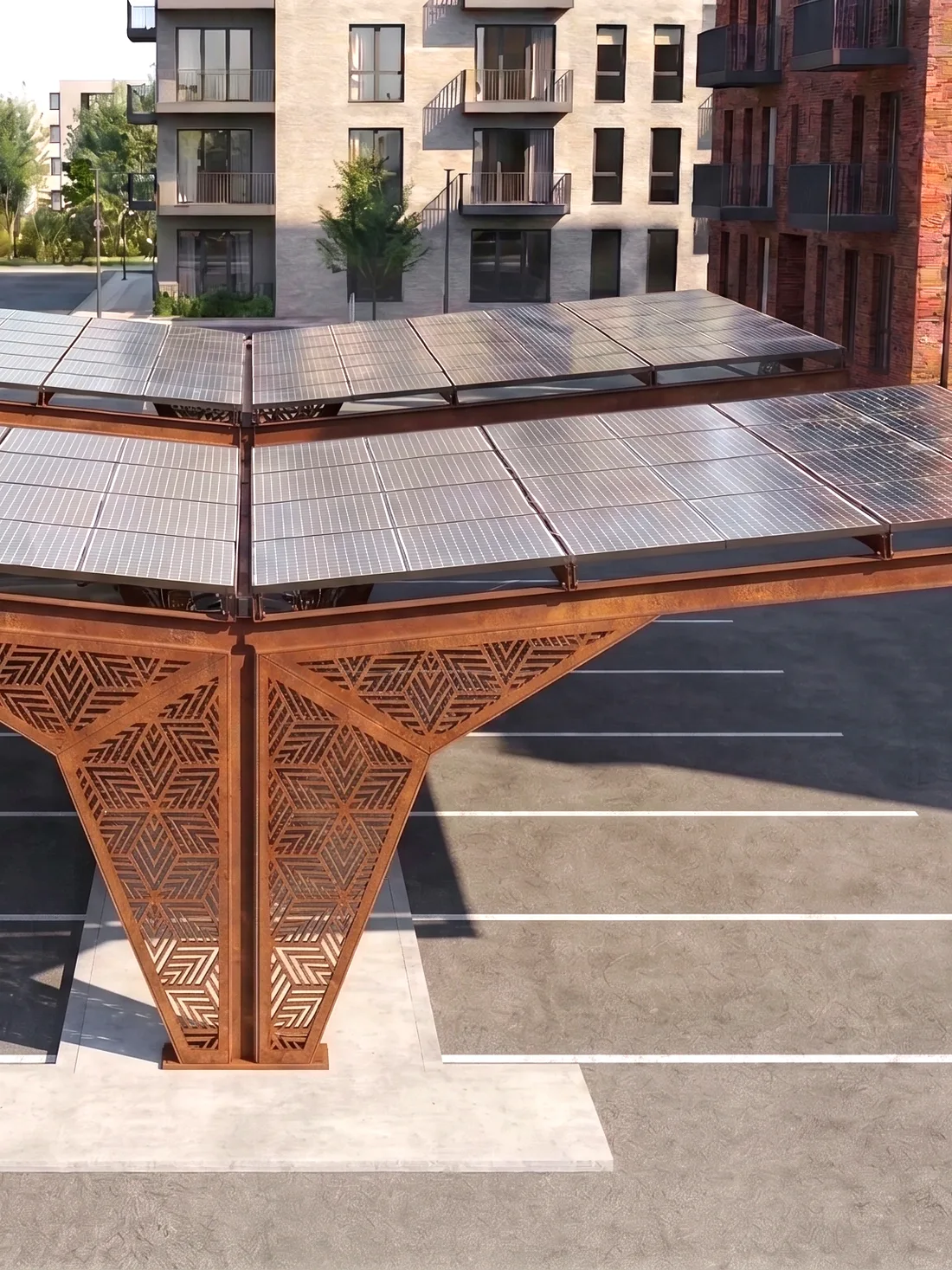 Pensilina fotovoltaica in corten per parcheggio condominiale — TrackDesign
