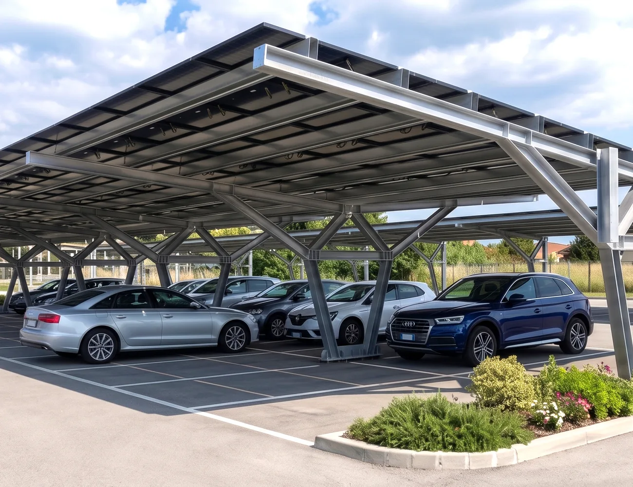 Pensiline fotovoltaiche in acciaio Corten installate su parcheggio — TrackDesign