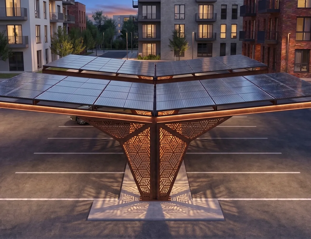 Struttura in acciaio Corten della pensilina fotovoltaica SEQUOR — TrackDesign